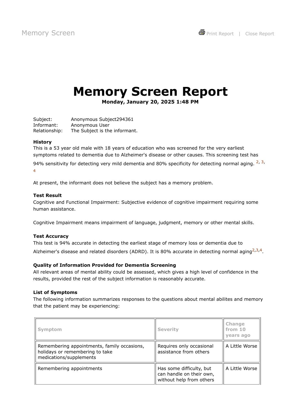 Sample Memory Screen test report preview